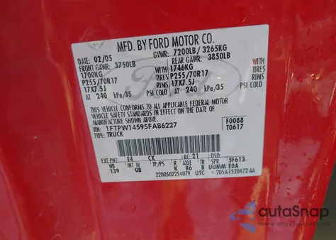 2005 Ford F-150 Fx4/Lariat/Xlt from USA, damaged, VIN 1FTPW14595FA86227